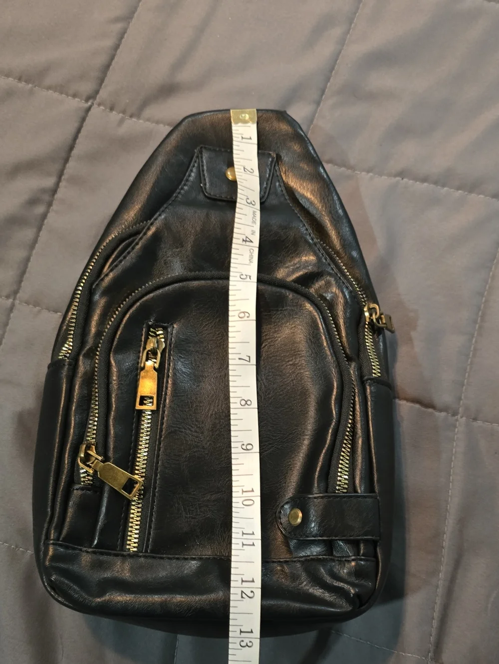 Black Faux Leather Crossbody Sling Bag with Gold Hardware